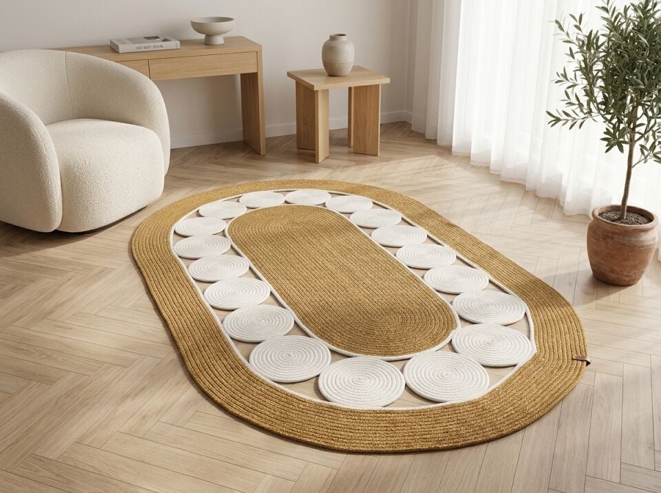 Doğal Jut & Beyaz Motifli Spiral Oval Halı - Modern Yolluk | Muse Carpet