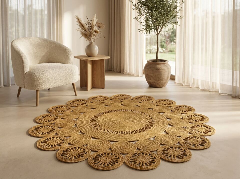 Doğal Güneş Motifli Yuvarlak Jüt Halı - Bohem Rozet Tasarım | Muse Carpet