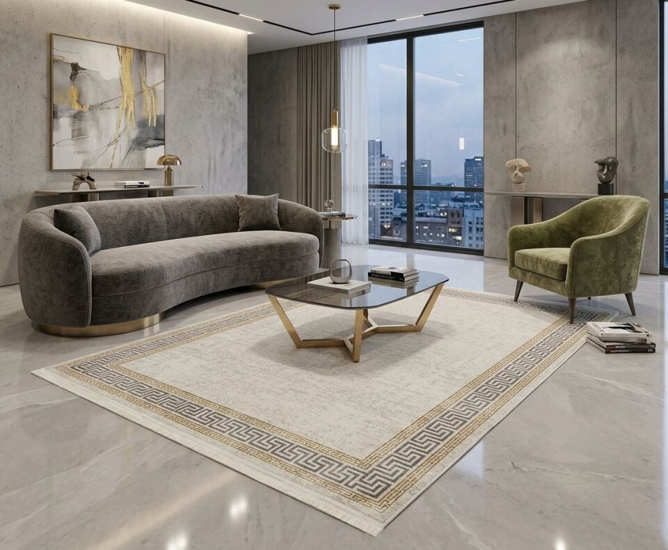 Decoser Diamond Plus 9021 Gri Grek Desenli Bordürlü Lüks Salon Halısı