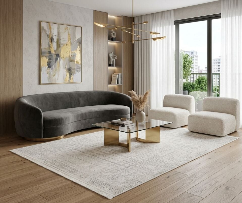 Decoser Diamond Plus 9024 Krem Çizgili Eskitme Modern Salon Halısı