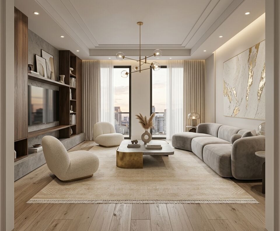 Decoser Diamond Plus 9027 Krem Geometrik Çizgili Modern Salon Halısı
