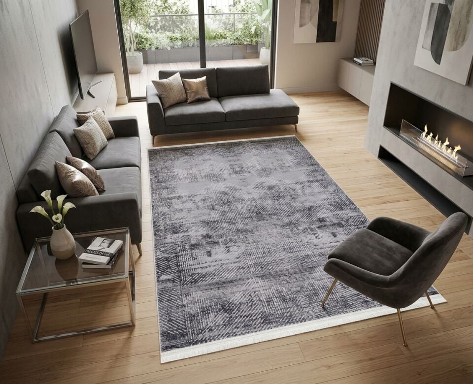 Decoser Diamond Plus 9028 Gri Eskitme Geometrik Desenli Modern Halı