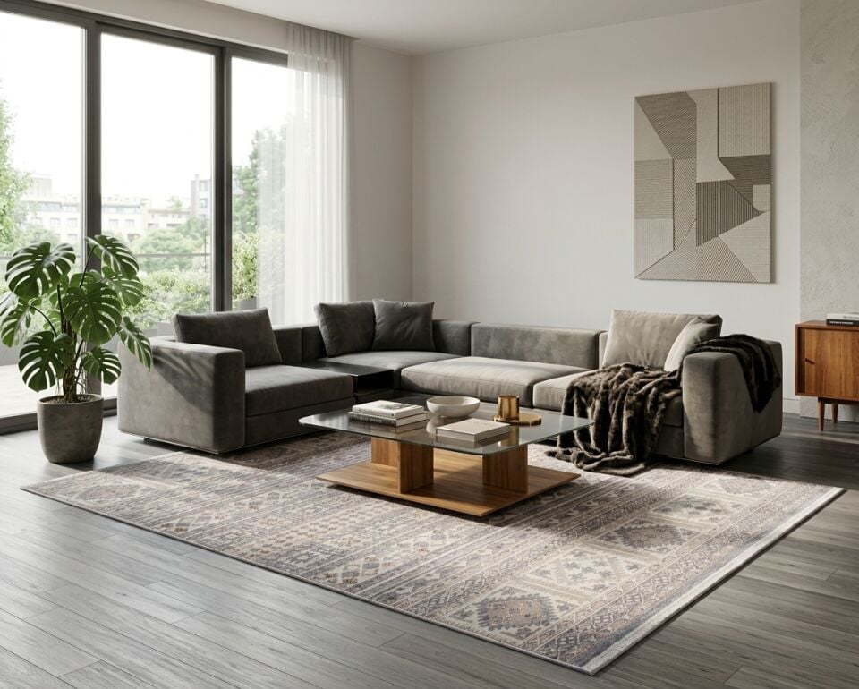 Decoser Diamond Plus 9029 Gri Etnik Desenli Modern Salon Halısı