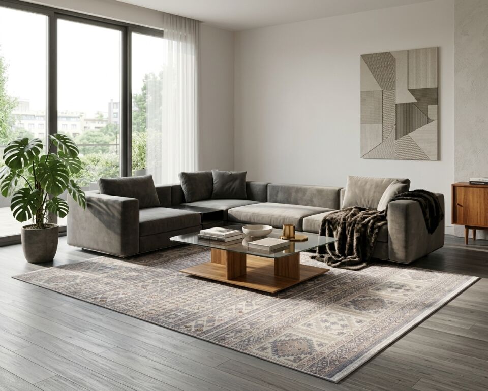 Decoser Diamond Plus 9029 Gri Etnik Desenli Modern Salon Halısı