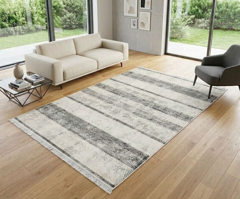 Decoser Diamond Plus 9032 Gri Çizgili Eskitme Modern Salon Halısı