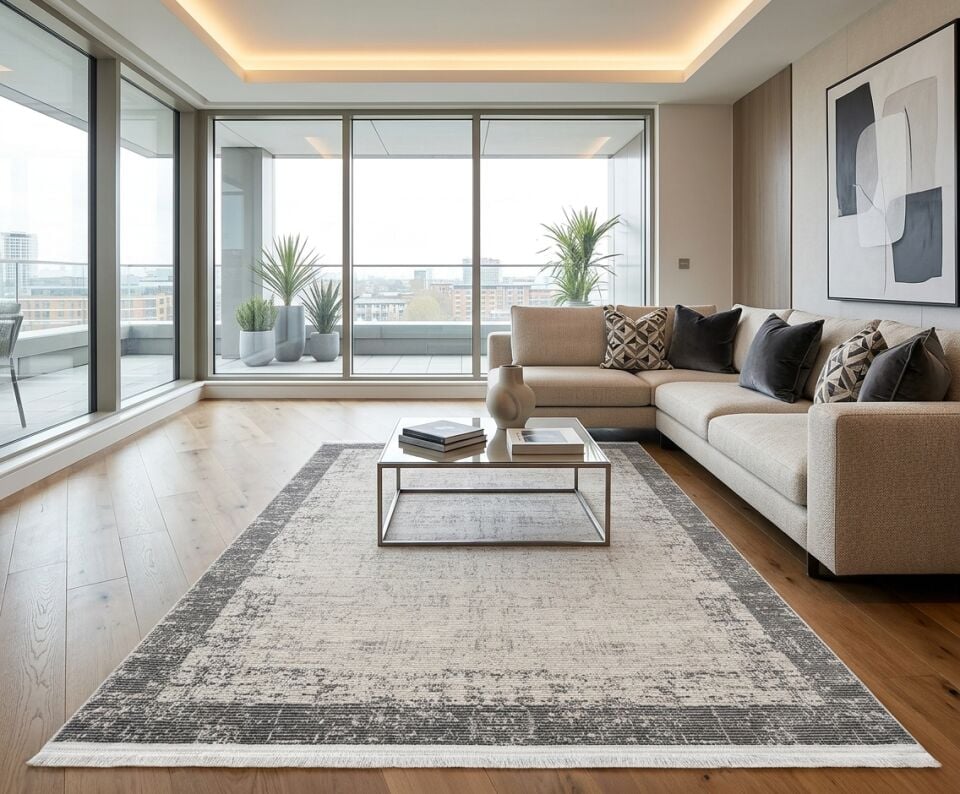 Decoser Diamond Plus 9055 Gri Eskitme Bordürlü Modern Halı