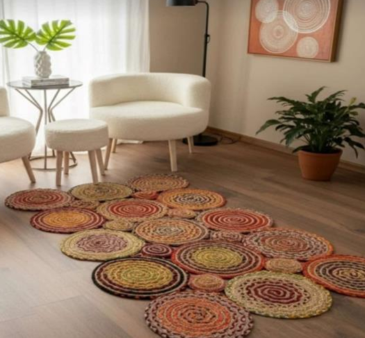 Muse Carpet Renkli Mozaik Jüt Halı | Bohem El Örgüsü Daire Motifli Yolluk & Halı