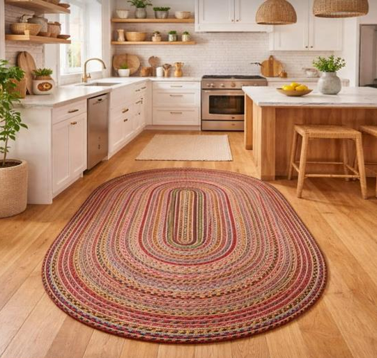 Muse Carpet Renkli Oval Hasır Jüt Halı | Country & Bohem Mutfak ve Salon Halısı