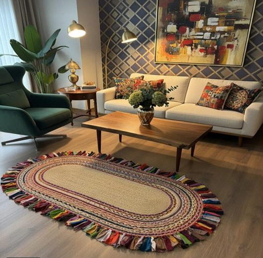 Muse Carpet Renkli Saçaklı Oval Jüt Halı | Bohem Etnik Salon & Oturma Odası Halısı