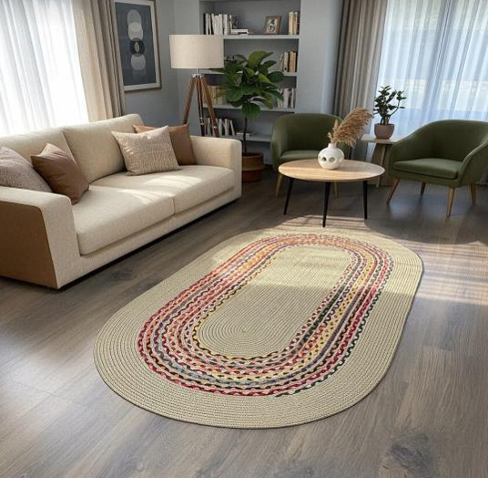 Muse Carpet Renkli Bordürlü Oval Halı | Bohem Ekru Dokuma Salon ve Mutfak Halısı