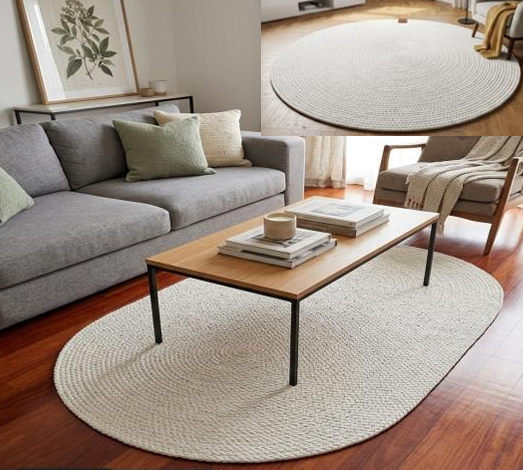 Muse Carpet Düz Beyaz Dokuma Örgü Halı | Minimalist Oval & Yuvarlak İskandinav Halı