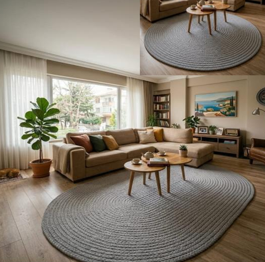 Muse Carpet Düz Gri Dokuma Örgü Halı | Modern Oval & Yuvarlak İskandinav Halı