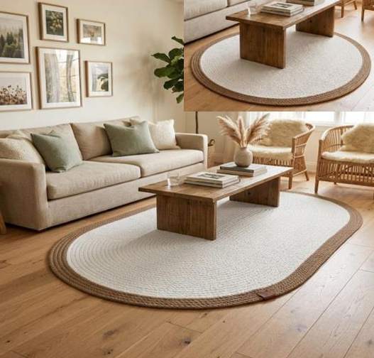 Muse Carpet Beyaz Jüt Bordürlü Halı | Oval & Yuvarlak İskandinav Bohem Hasır Halı