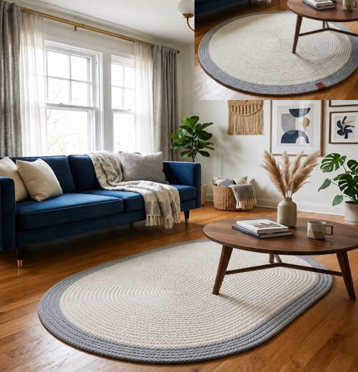 Muse Carpet Beyaz Gri Bordürlü Dokuma Halı | Modern Oval & Yuvarlak İskandinav Halı