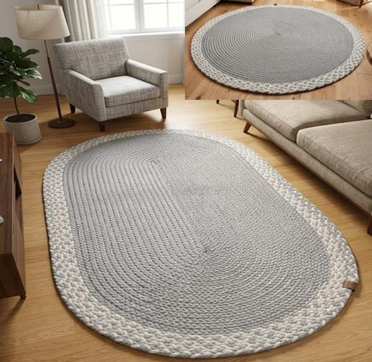 Muse Carpet Gri Örgü Bordürlü Halı | Modern Oval & Yuvarlak İskandinav Dokuma Halı