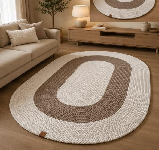 Muse Carpet Kalın Çizgili Oval Jüt Halı | İskandinav Ekru & Jüt Dokuma Salon Halısı