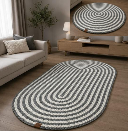Muse Carpet Çizgili Gri Dokuma Halı | Modern Oval & Yuvarlak İskandinav Salon Halısı