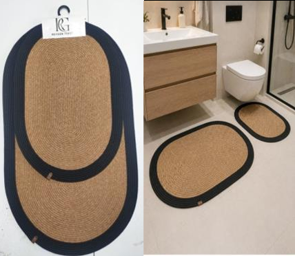 Muse Carpet Bordürlü Jüt Banyo Paspas Seti 2'li | Modern Oval Hasır Banyo Halısı