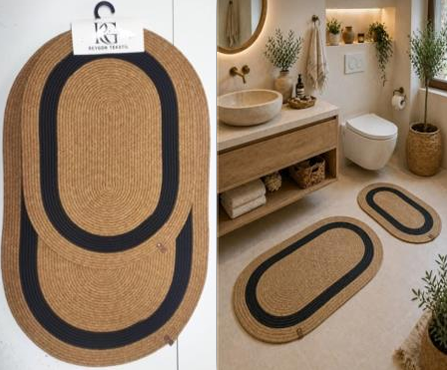 Muse Carpet Bordürlü Jüt Banyo Paspas Seti 2'li | Modern Oval Hasır Banyo Halısı