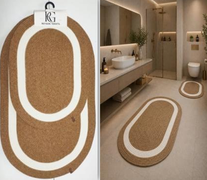 Muse Carpet Bordürlü Jüt Banyo Paspas Seti 2'li | Modern Oval Hasır Banyo Halısı