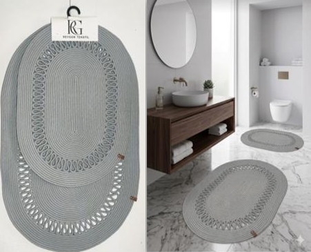 Muse Carpet Bordürlü Jüt Banyo Paspas Seti 2'li | Modern Oval Hasır Banyo Halısı
