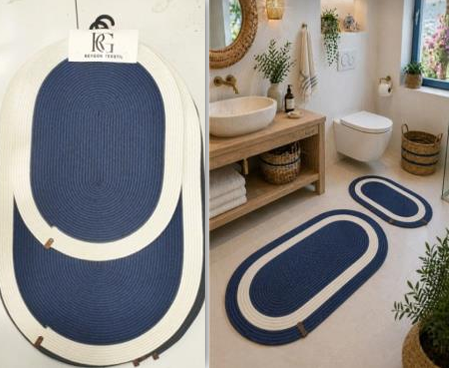 Muse Carpet Bordürlü Jüt Banyo Paspas Seti 2'li | Modern Oval Hasır Banyo Halısı