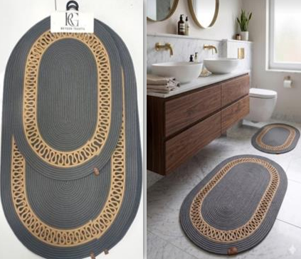 Muse Carpet Bordürlü Jüt Banyo Paspas Seti 2'li | Modern Oval Hasır Banyo Halısı