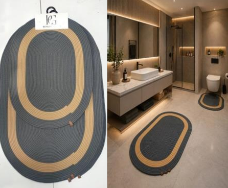 Muse Carpet Bordürlü Jüt Banyo Paspas Seti 2'li | Modern Oval Hasır Banyo Halısı