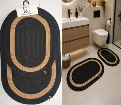 Muse Carpet Bordürlü Jüt Banyo Paspas Seti 2'li | Modern Oval Hasır Banyo Halısı