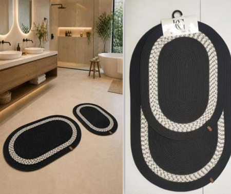 Muse Carpet Bordürlü Jüt Banyo Paspas Seti 2'li | Modern Oval Hasır Banyo Halısı