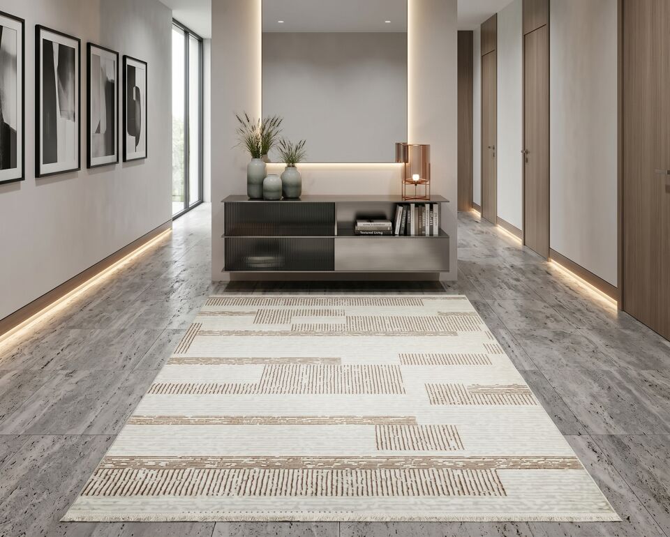 Decoser 1093 Vizon Modern Çizgili Blok Desenli Yolluk & Halı – Doğal Tonlarda Geometrik Koridor Halısı