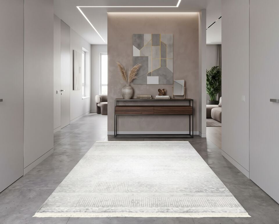 Decoser 1093 Krem Modern Çizgili Blok Desenli Yolluk & Halı – Aydınlık ve Minimalist Koridor Halısı