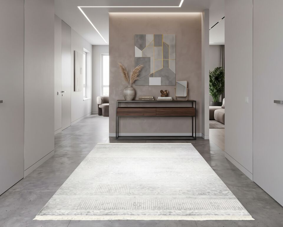 Decoser 1093 Krem Modern Çizgili Blok Desenli Yolluk & Halı – Aydınlık ve Minimalist Koridor Halısı