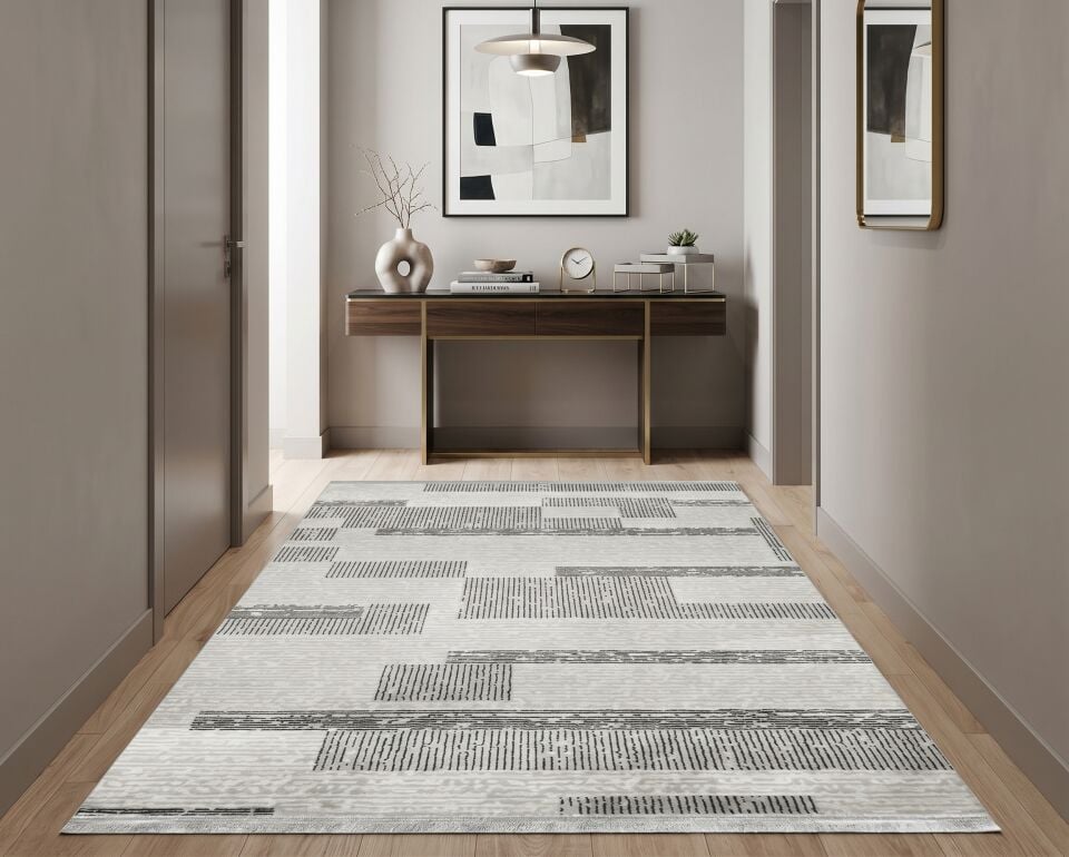 Decoser 1093 Gri Modern Çizgili Blok Desenli Yolluk & Halı – Geometrik Koridor Halısı