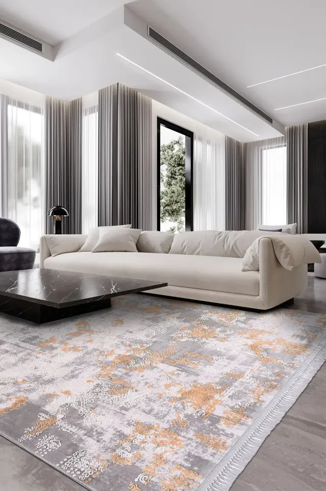 BLOOM-Gri/Beyaz/Turuncu - Özel Ölçü-Salon,Oturma Odası ve Koridor Halısı-Robot Süpürgeye Uyumlu-Kolay Temizlenebilir-Uygun Fiyat