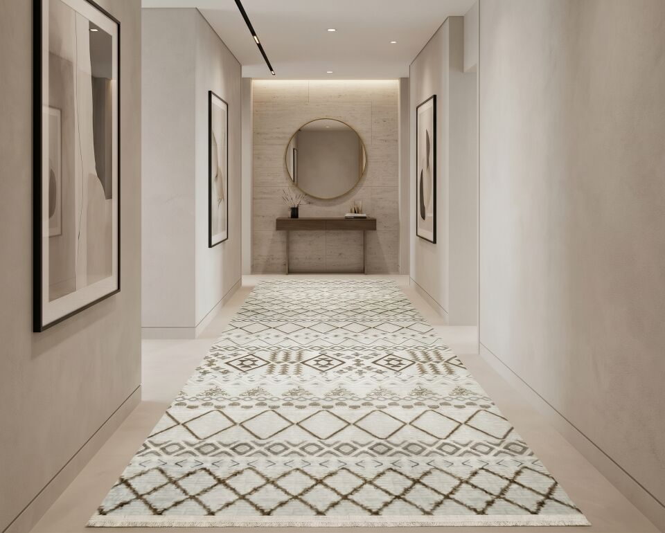 Decoser 1092 Vizon Etnik Geometrik Desenli Yolluk & Halı – Doğal Tonlarda Modern Koridor
