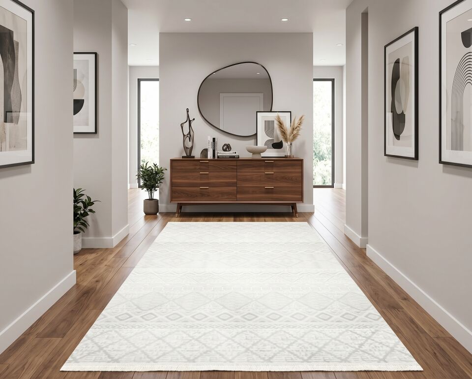 Decoser 1092 Krem Etnik Geometrik Desenli Yolluk & Halı– Aydınlık ve Modern Koridor Halısı