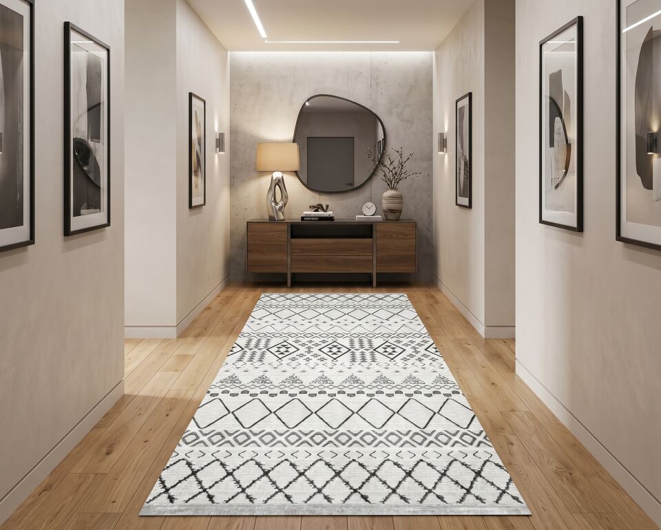 Decoser 1092 Gri Etnik Geometrik Desenli Yolluk & Halı – Modern Bohem Koridor Halısı