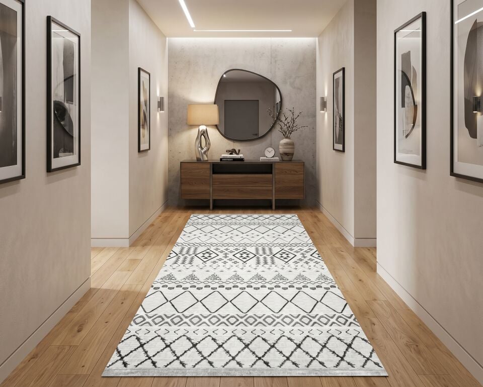 Decoser 1092 Gri Etnik Geometrik Desenli Yolluk & Halı – Modern Bohem Koridor Halısı