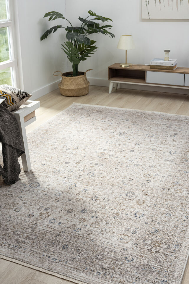 Seyran Halı Peru 10201 Bej | Eskitme Desenli Modern Salon Halısı