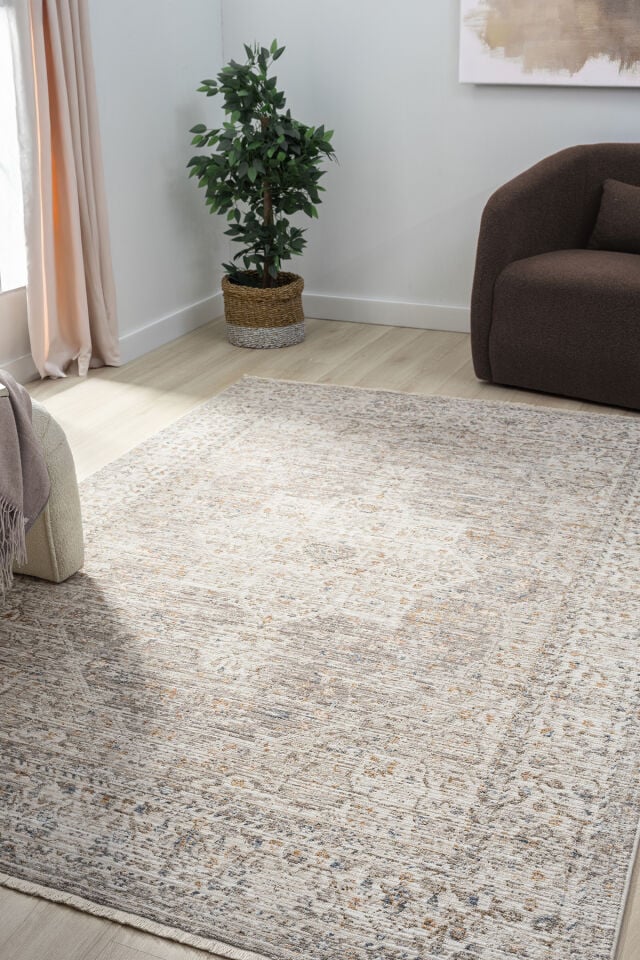 Seyran Halı Peru 10204 Bej | Büyük Madalyonlu Vintage Dokuma Salon Halısı