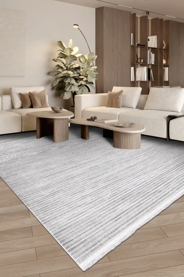 Arsina 15960K Modern Çizgili Salon Halısı – Gri & Krem Dokulu Saçaklı Halı | Muse Carpet