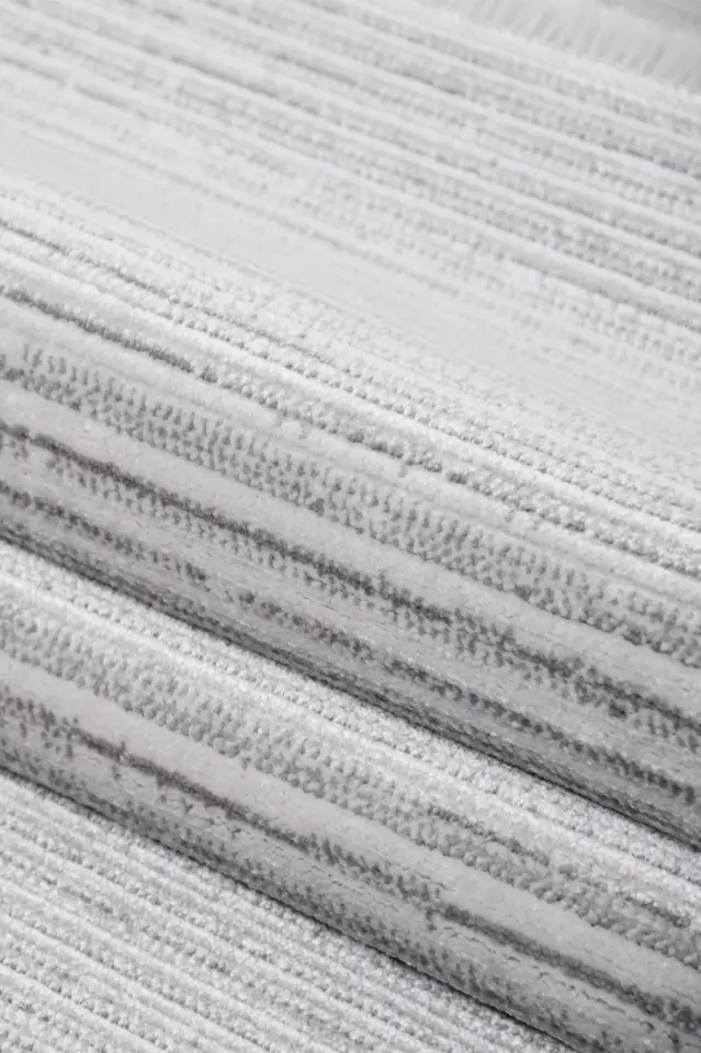 Arsina 15960K Modern Çizgili Salon Halısı – Gri & Krem Dokulu Saçaklı Halı | Muse Carpet