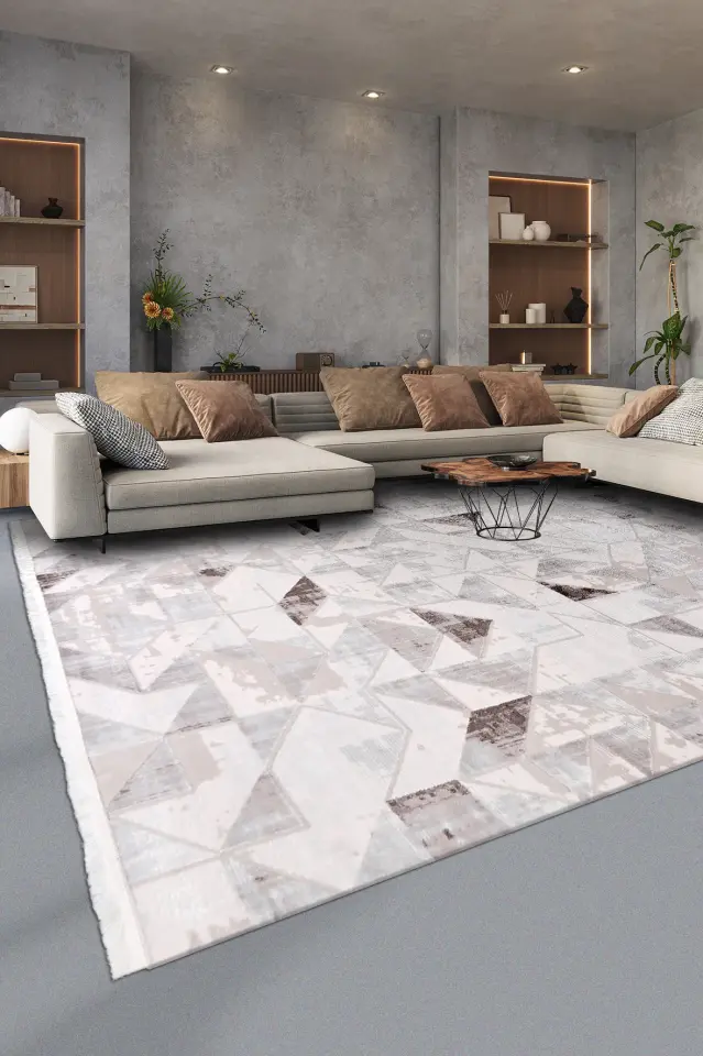 Eyna 05K Modern Geometrik Salon Halısı – Soyut Desenli Gri & Vizon Saçaklı Halı | Muse Carpet