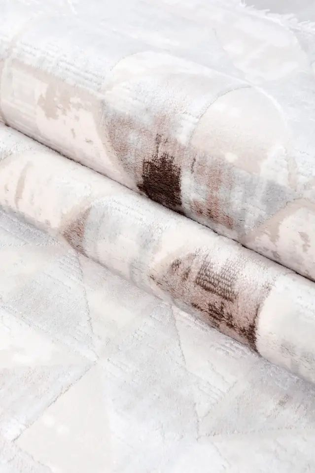Eyna 05K Modern Geometrik Salon Halısı – Soyut Desenli Gri & Vizon Saçaklı Halı | Muse Carpet