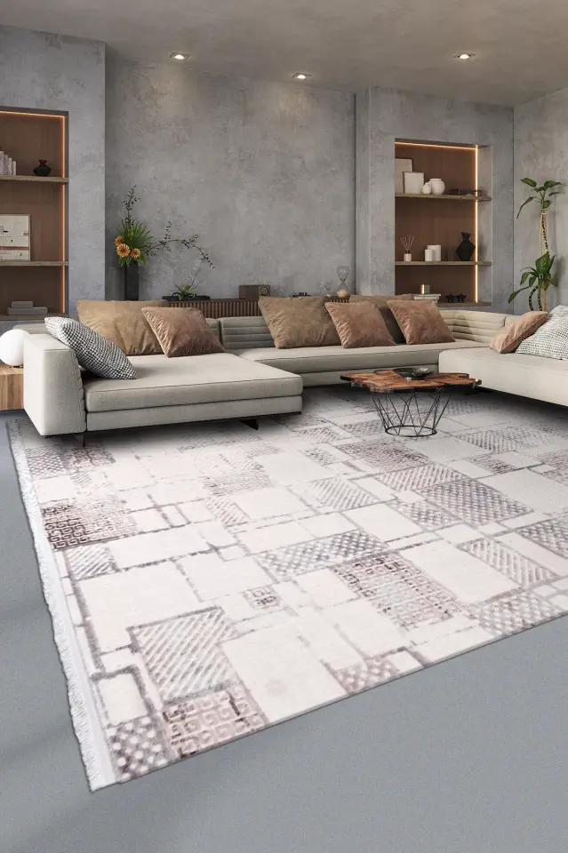 Eyna Modern Blok Desenli Salon Halısı – Soyut Patchwork Dokulu Gri & Vizon Saçaklı Halı | Muse Carpet