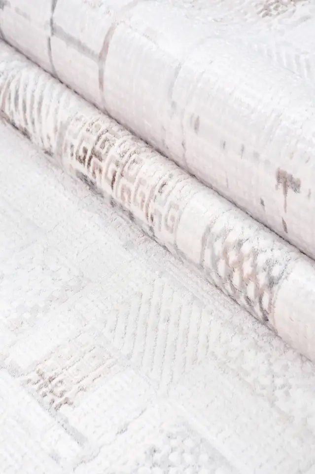 Eyna Modern Blok Desenli Salon Halısı – Soyut Patchwork Dokulu Gri & Vizon Saçaklı Halı | Muse Carpet