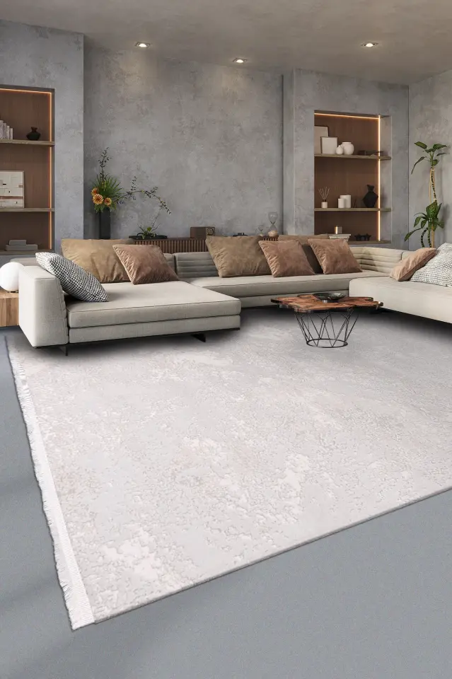 Eyna EL04K Modern Düz Dokulu Salon Halısı – Mermer Efektli Açık Gri & Kemik Saçaklı Halı | Muse Carpet
