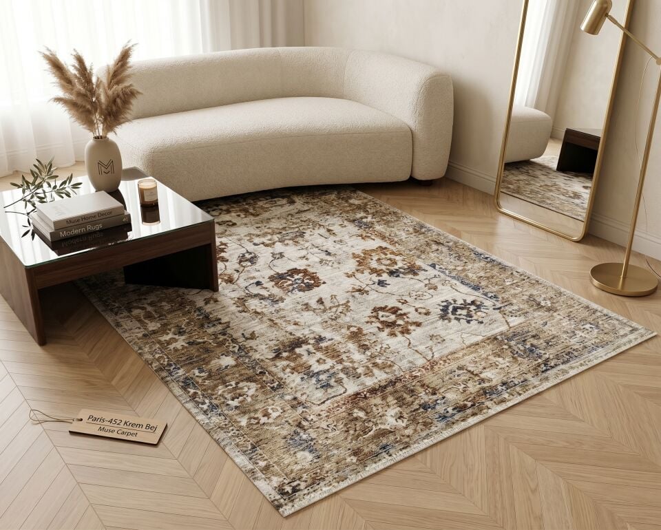Decoser Paris 452 Krem Bej Halı | Vintage Eskitme Şıklık