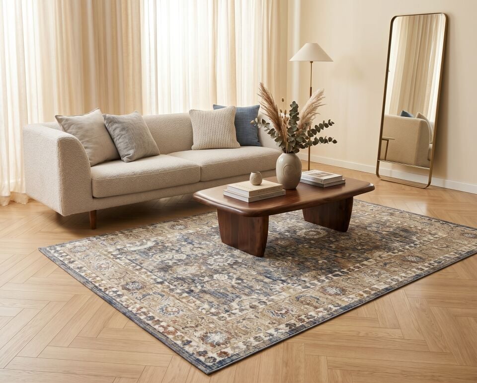 Decoser Paris 454 Mavi Kahve Halı | Vintage Eskitme Şıklık